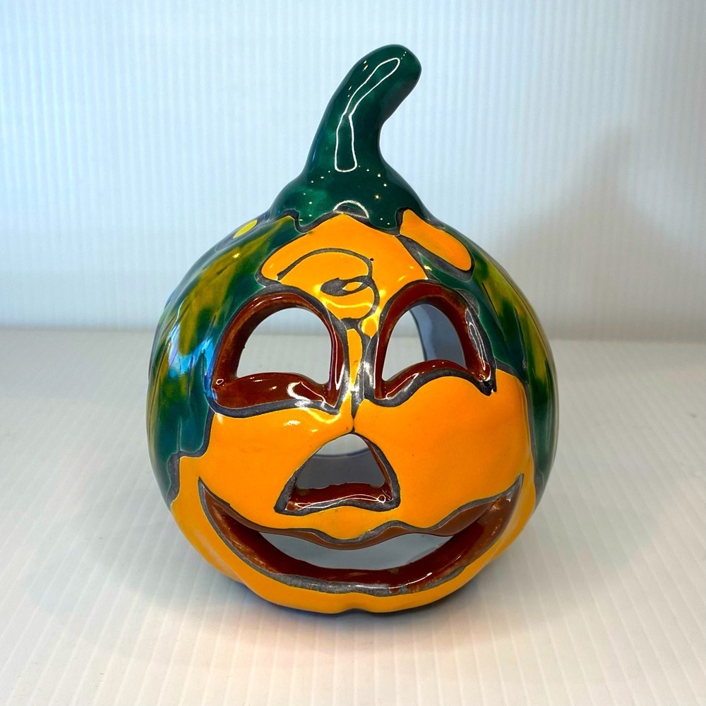 Talavera Pottery Pumpkin Jack O Lantern Halloween Mexican Folk Art Candl…